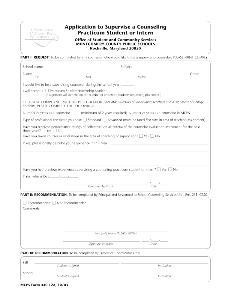 MCPS Form 440 12a, 1003 Application to Supervise a Counselling Practicum Student or Intern