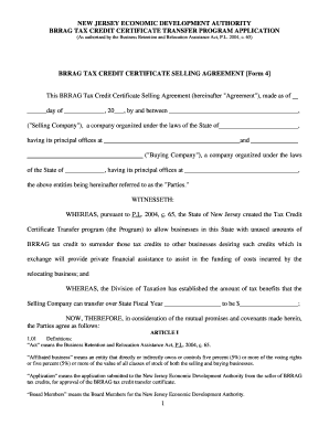 BRRAG Tax Credit Certificate Selling Agreement New Jersey  Form