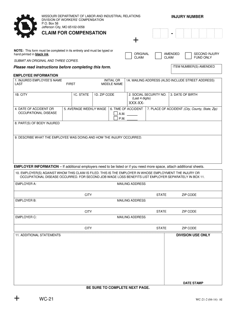  Missouri Wc 21 Fillable Form 2014