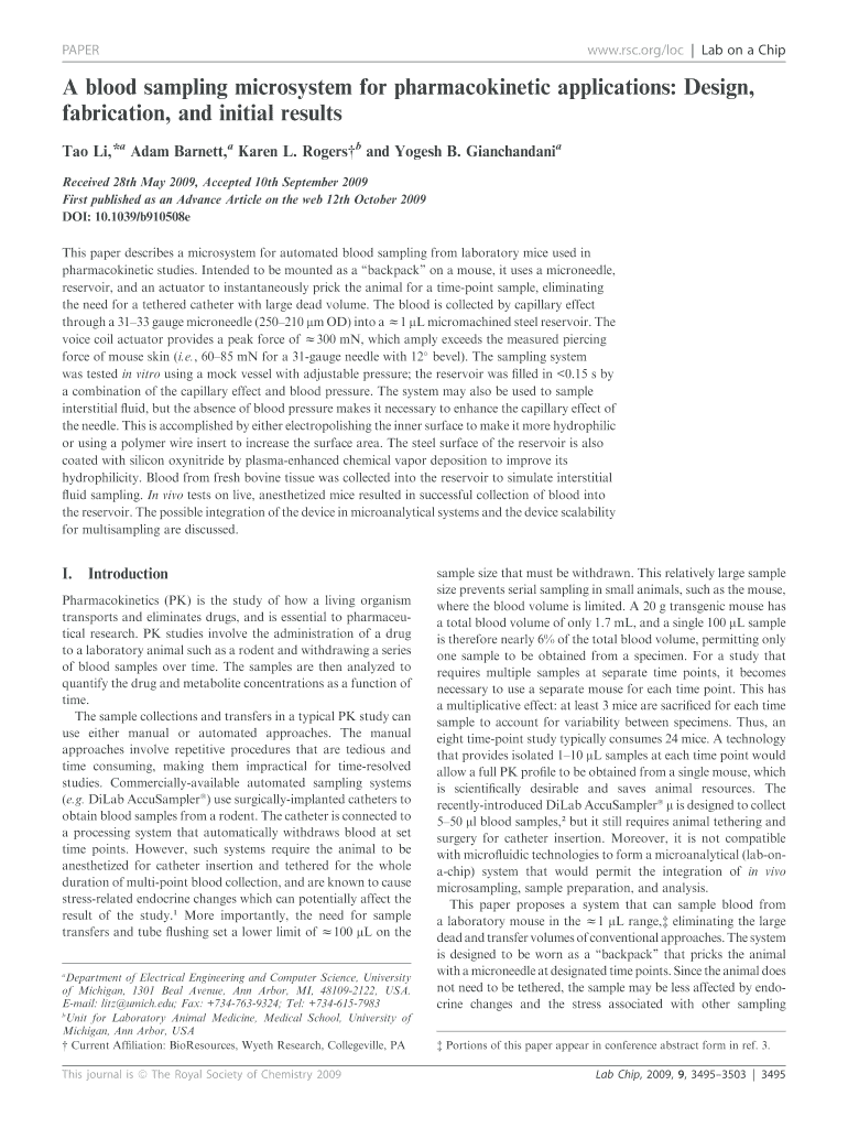 A Blood Sampling Microsystem for Pharmacokinetic Applications Web Eecs Umich  Form