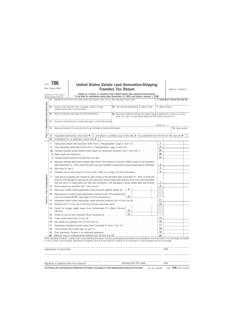 Form 706 Rev August Fill in Capable United States Estate and Generation Skipping Transfer Tax Return