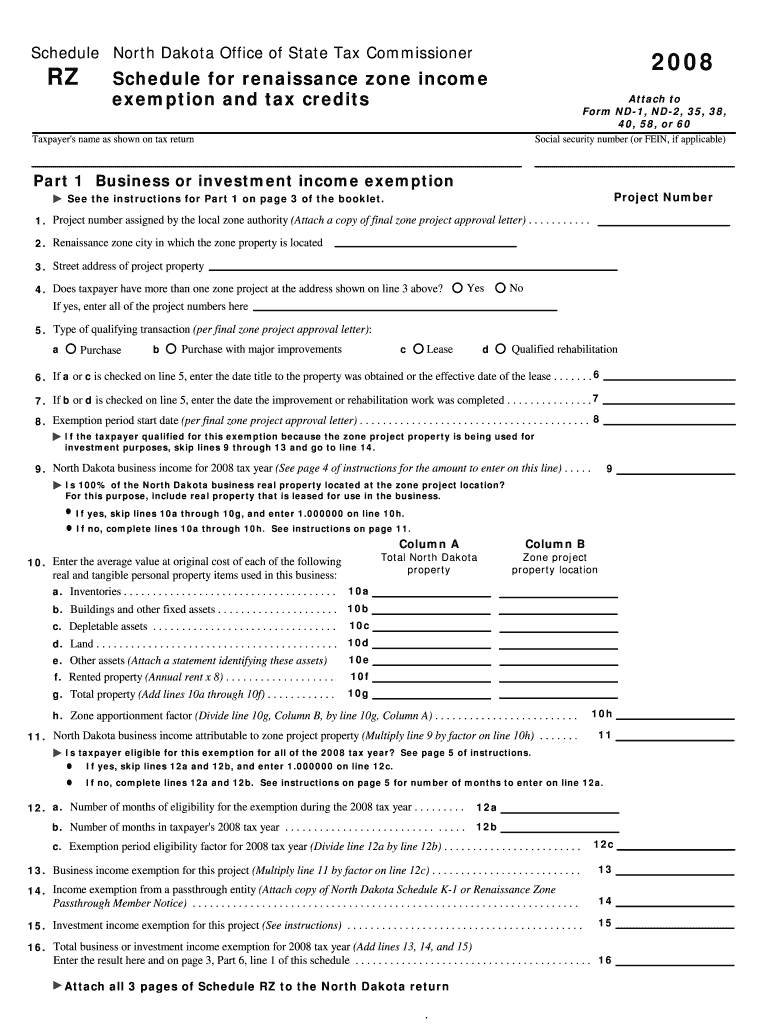 Ce of State Tax Commissioner Schedule RZ Booklet Renaissance Zone Act Exemptions and Tax Credits This Booklet Contains Schedule   Form