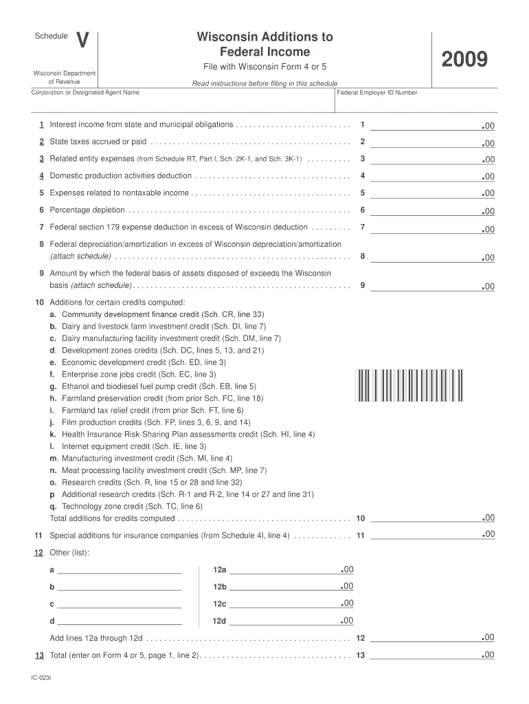 Schedule V Wisconsin Additions to Federal Income PDF Fillable Format Sch V