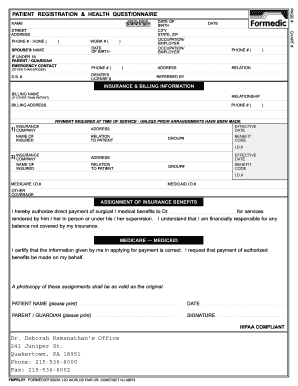 Patient Registration &amp; Health Questionnaire  Form