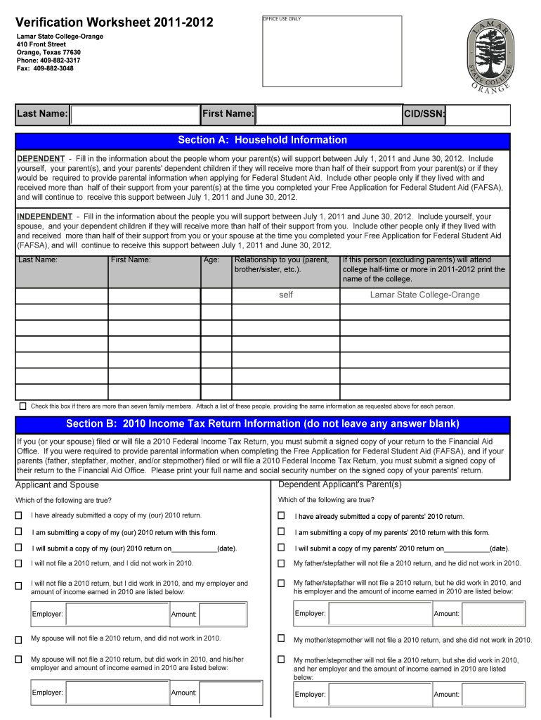 Verification Worksheet Lamar State College Orange  Form