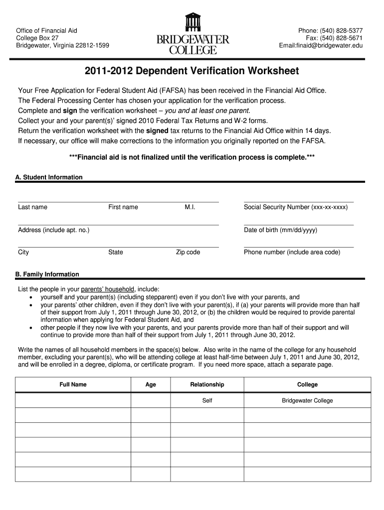 Dependent Verification Worksheet Bridgewater College Bridgewater  Form