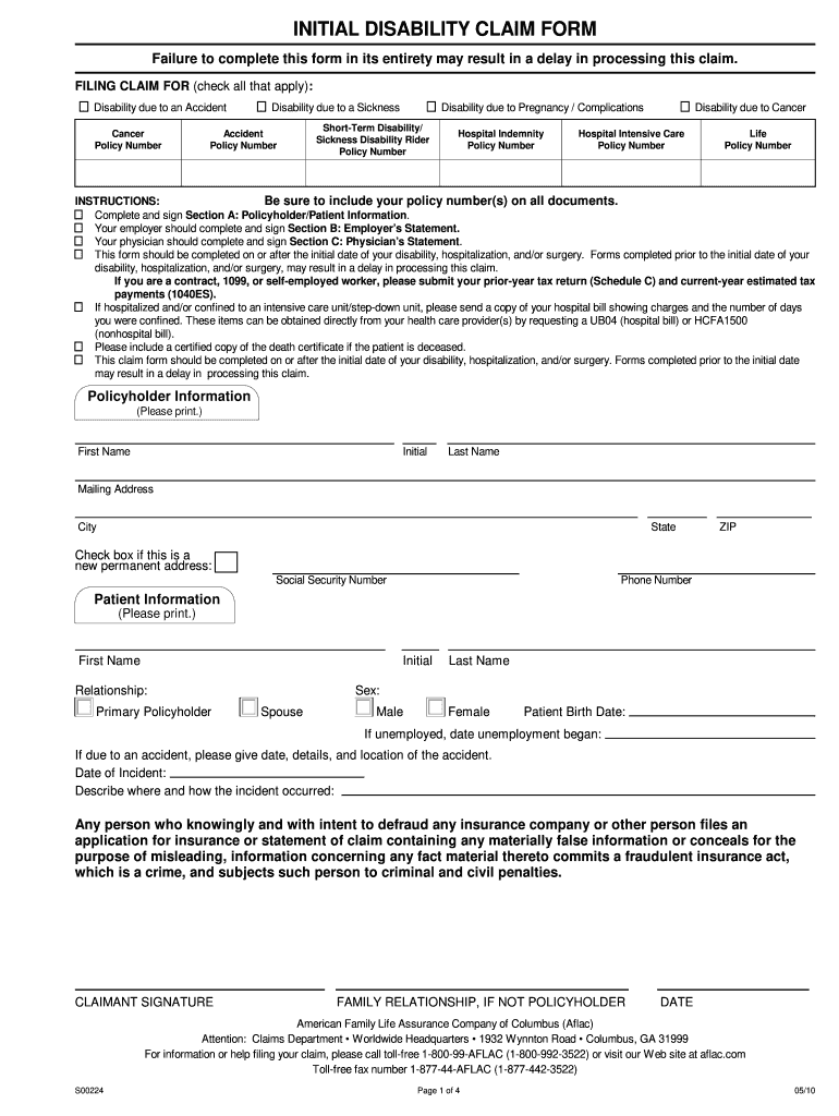  Aflac Initial Disability Form 2010-2024