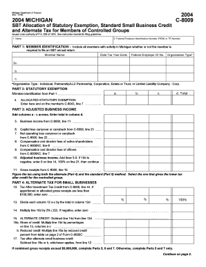 C 8009, SBT Allocation of Statutory Exemption, Standard Small Business Credit and Alternate Tax for Members of Controlled Groups  Form