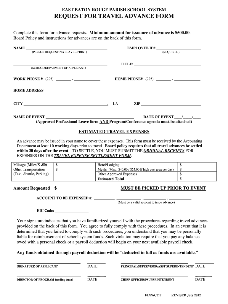 REQUEST for TRAVEL ADVANCE FORM Business Affairs East