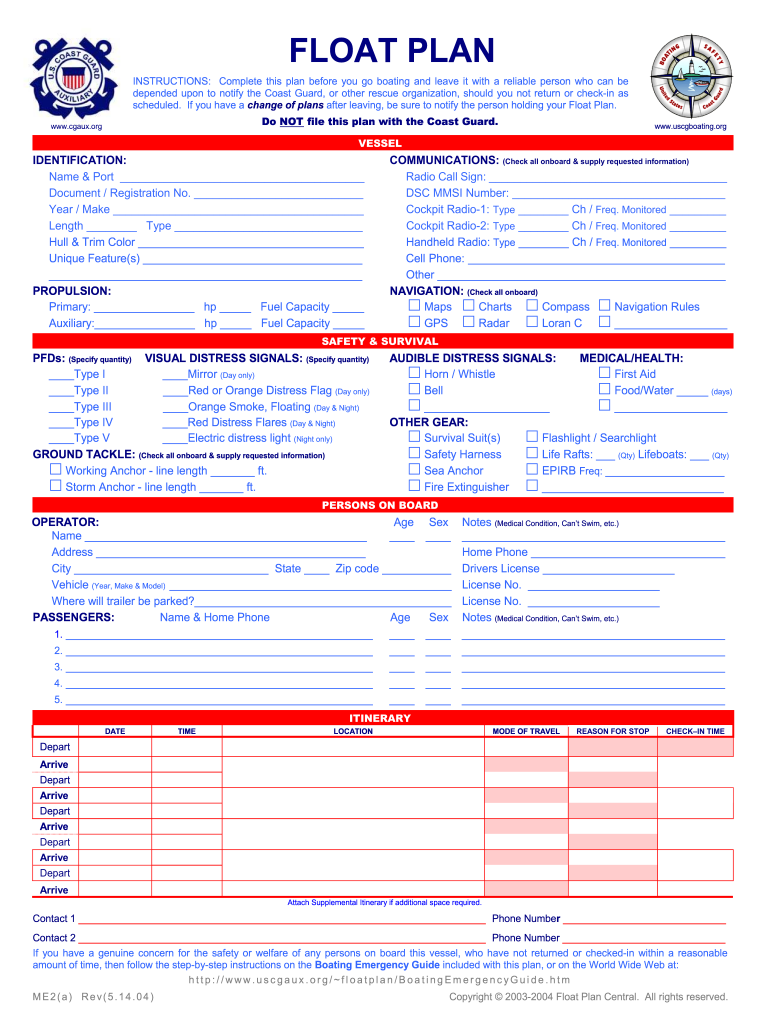 Float Plan Template  Form