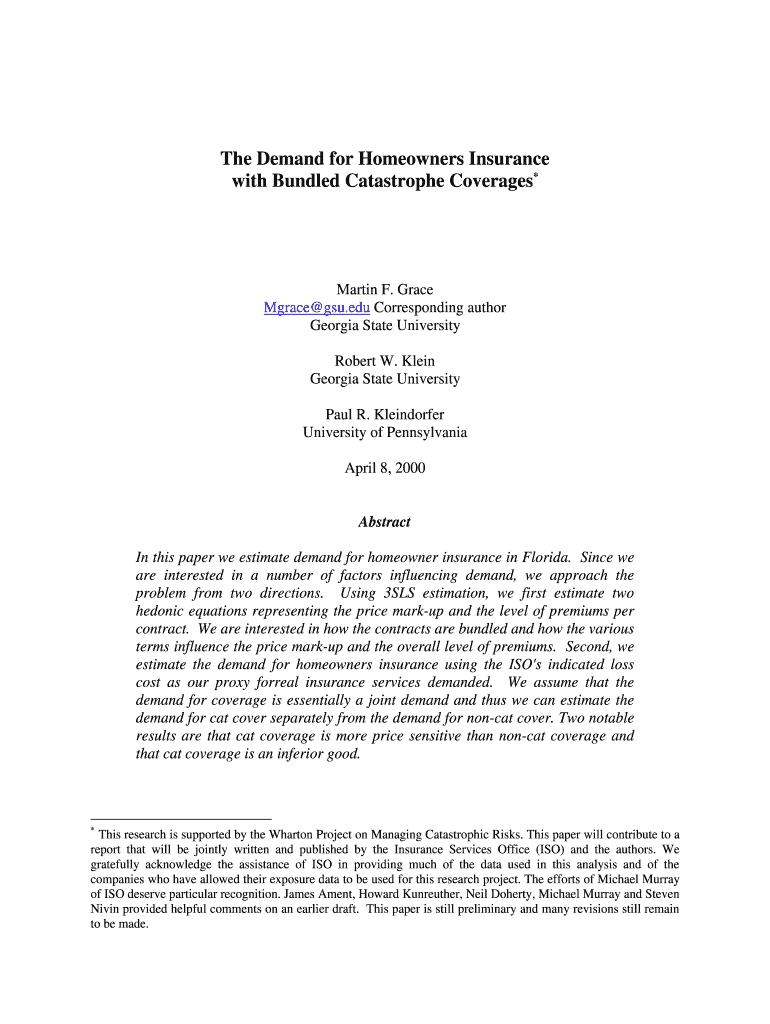 The Demand for Homeowners Insurance with Bundled Catastrophe Aria  Form