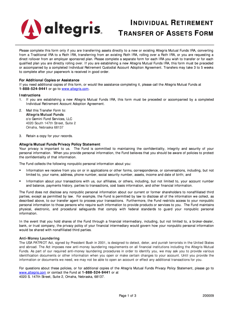 INDIVIDUAL RETIREMENT TRANSFER of ASSETS FORM Altegris