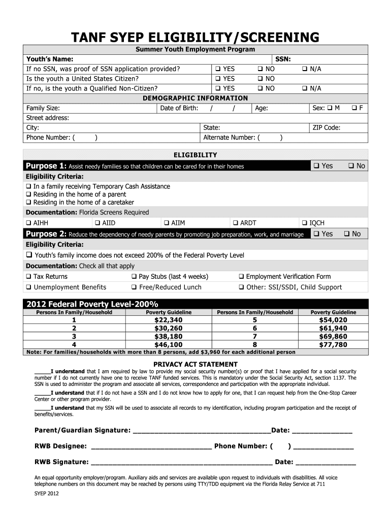  Tanf Syep Eligibility Screening 2012-2024