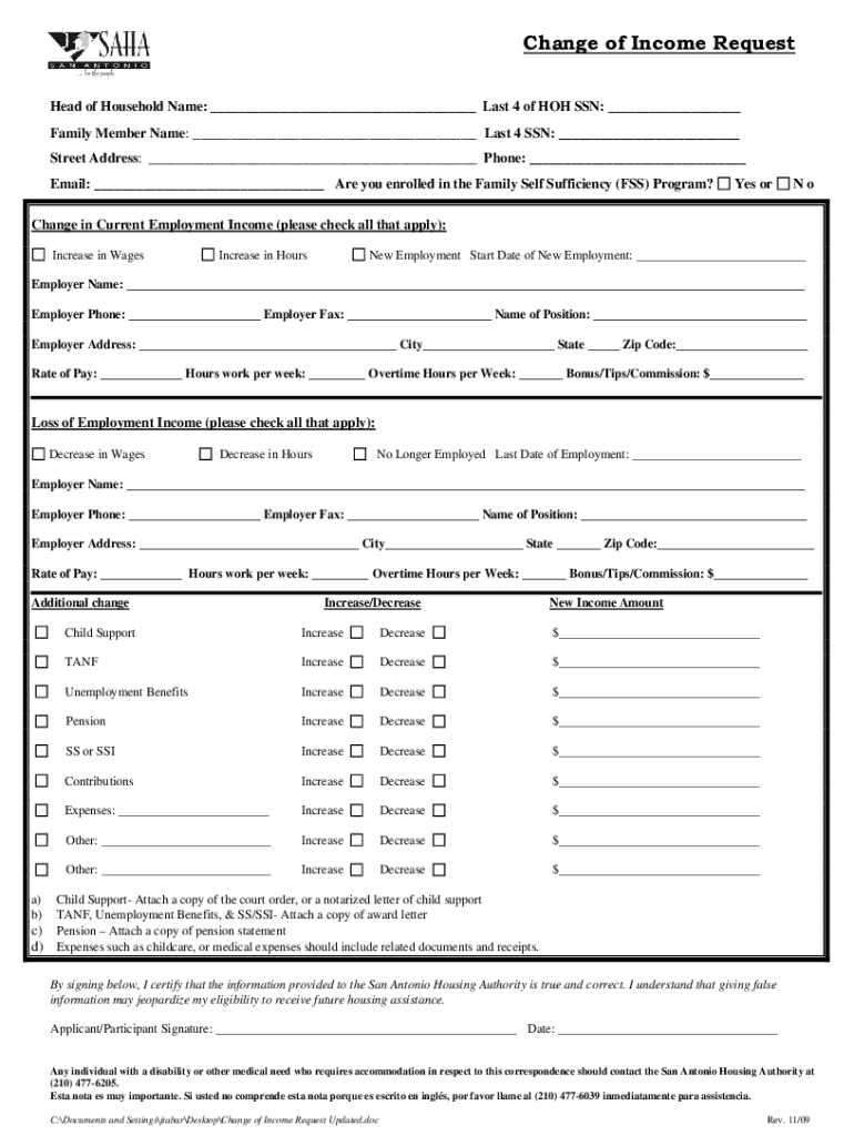 Saha Change of Income Packet  Form