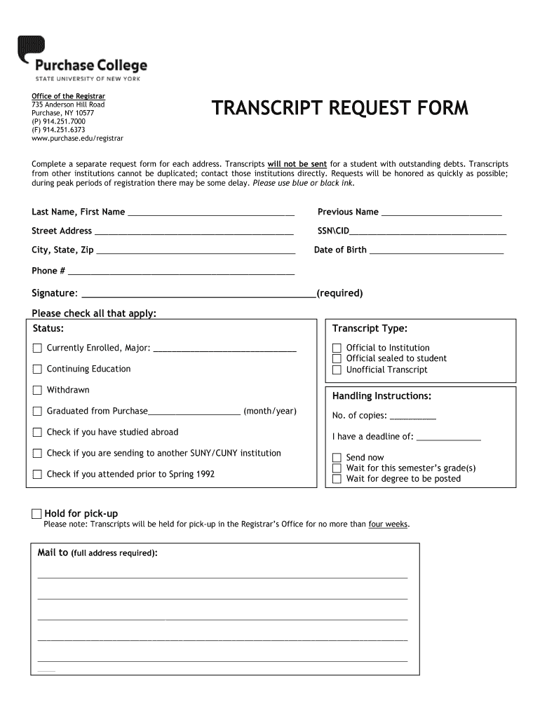 Transcript Request Form Purchase College Purchase