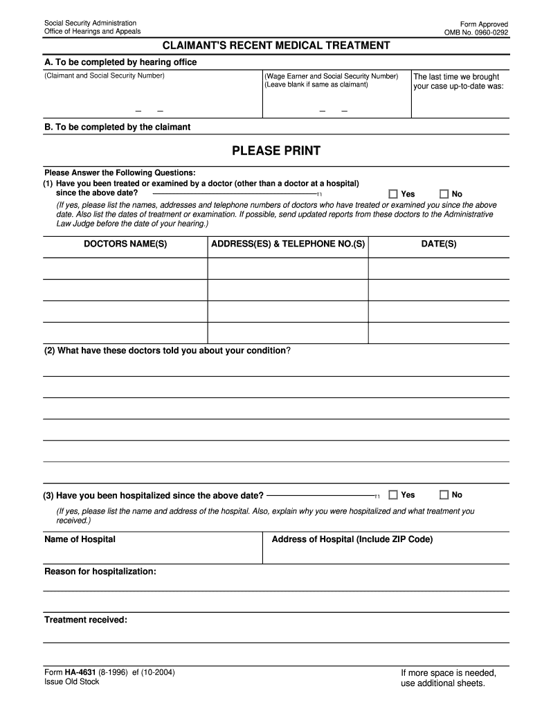  Social Security Administration Form Ha 4631 2010