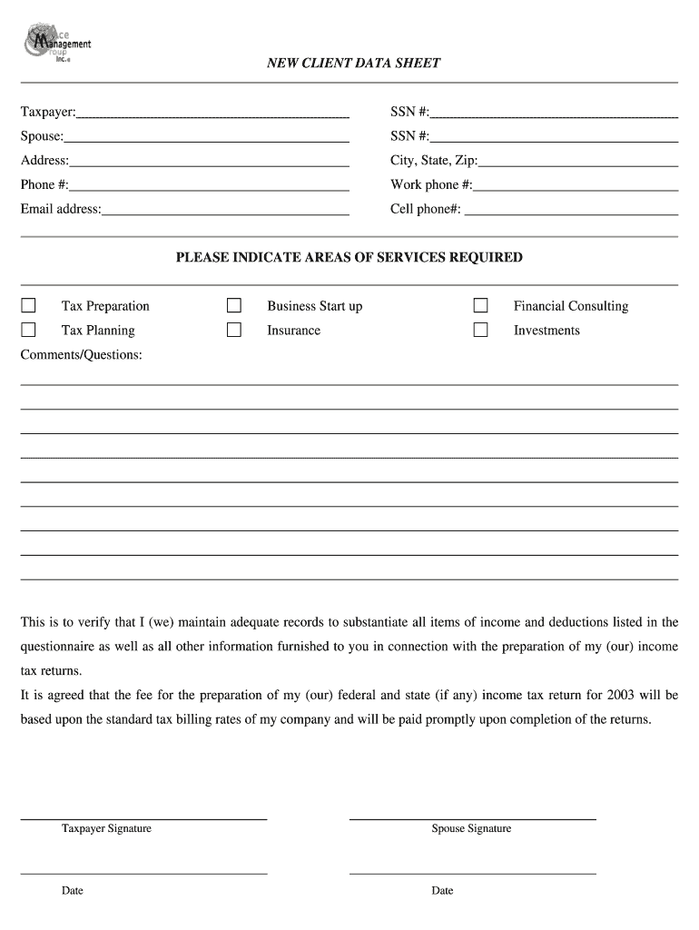 Client Data Sheet for Taxes  Form