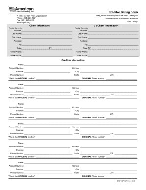 Creditor Listing Form