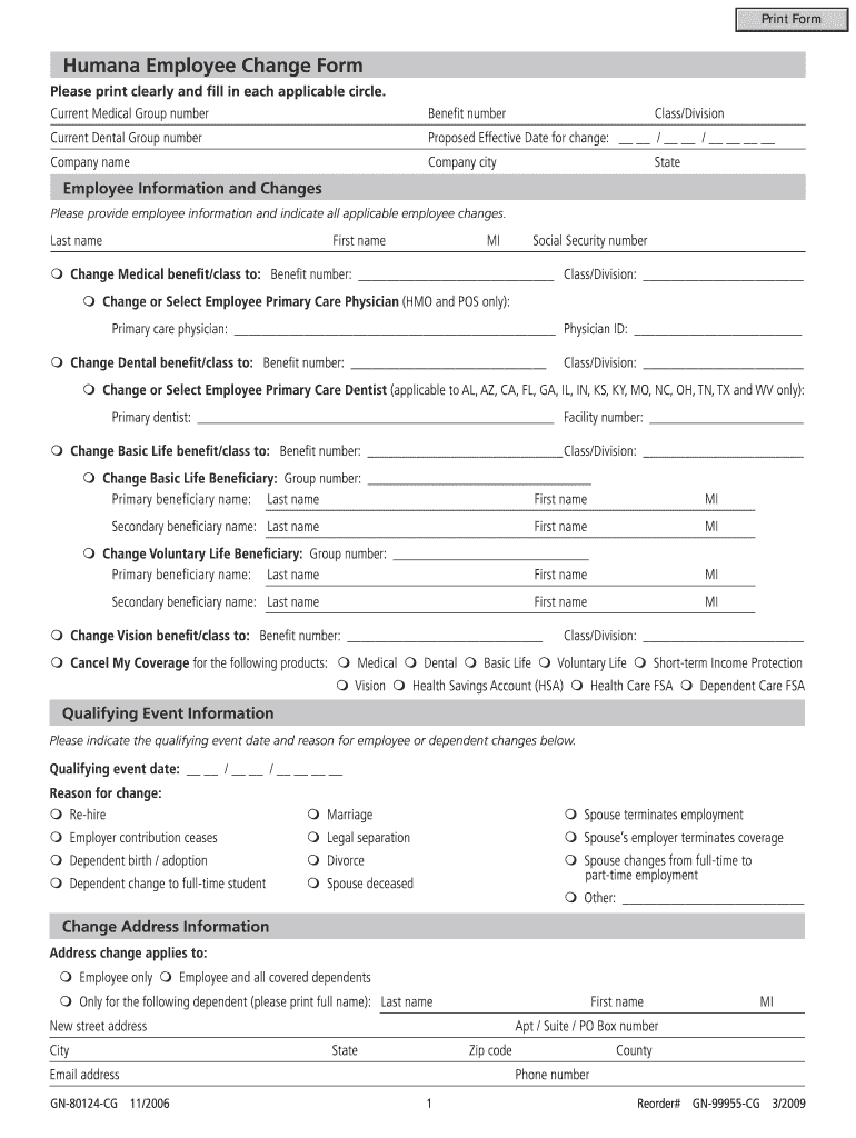  Humana Employee Change Form 2009-2024