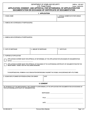  DEPARTMENT of Application for Initial Issue, Exchange, or Replacement of Certificate of Documentation; Redocumentation Uscg 2012