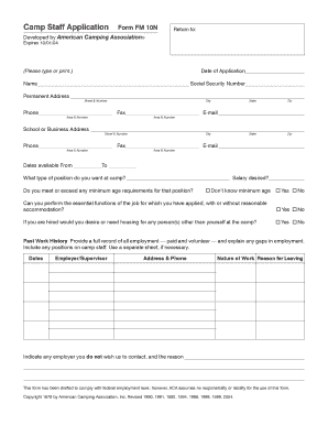 Camp Staff Application Form FM 10N Camp Crystal Lake