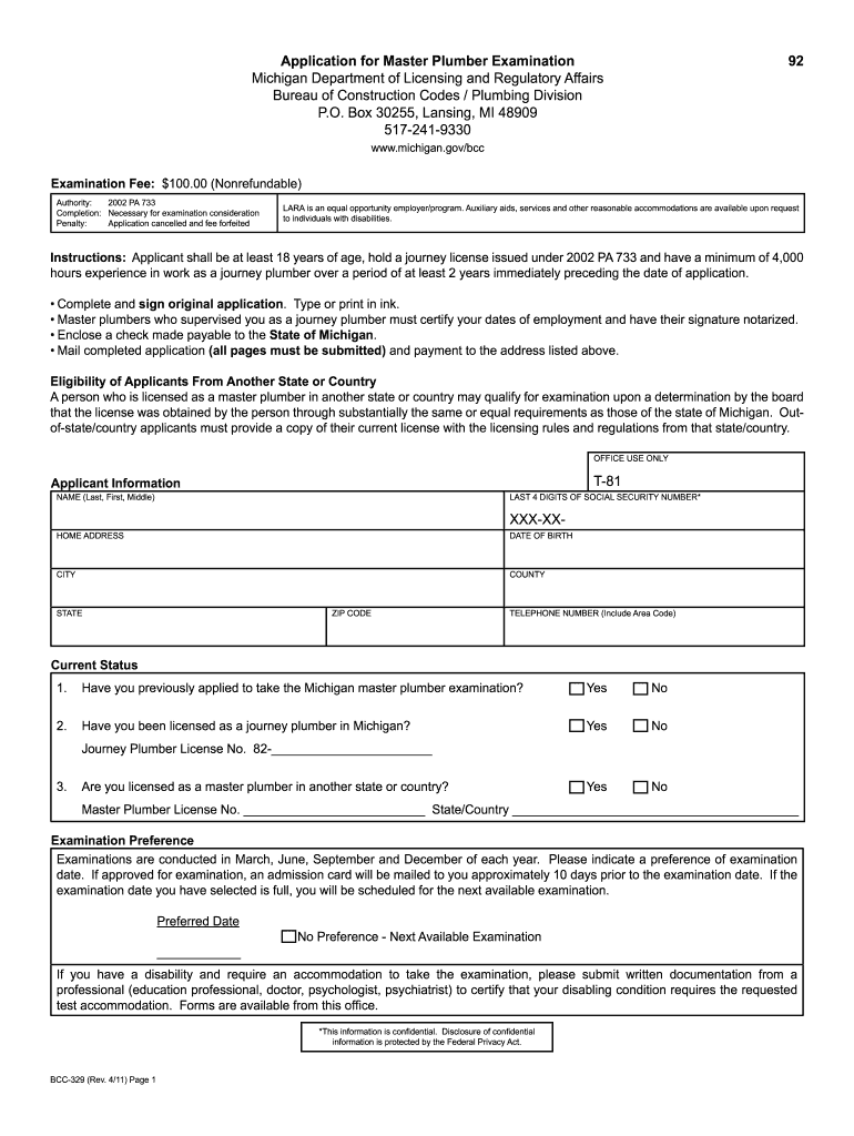 Application for Master Plumber Examination State of Michigan Michigan  Form