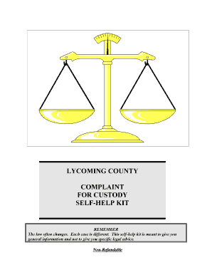 LYCOMING COUNTY COMPLAINT for CUSTODY SELF HELP KIT Lycolaw  Form