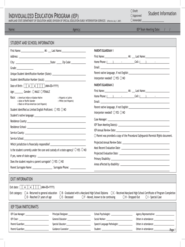 Get and Sign Blank Md Iep Form 2007-2022