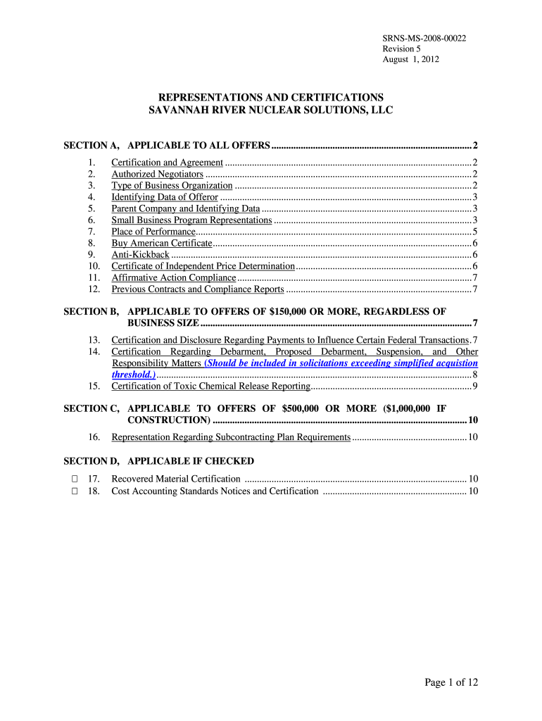  Representations & Certifications SRNS MS 00022  Srs 2012