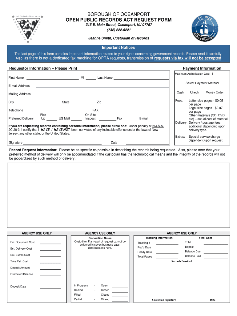 Open Public Records Act OPRA Request Oceanport  Form