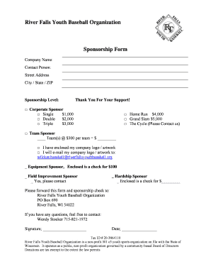 Travel Baseball Sponsorship Form