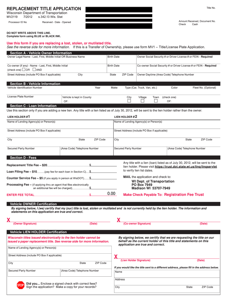  Wi Dmv Form for Messed Up Title 2012