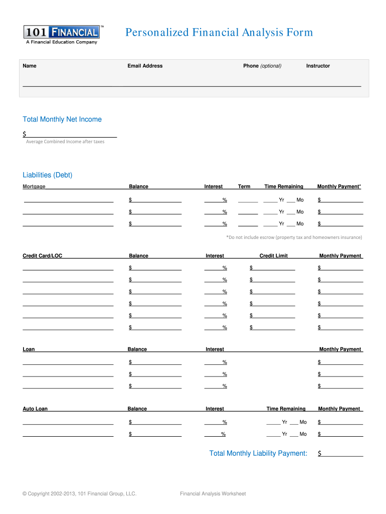 101 Financial Worksheets  Form