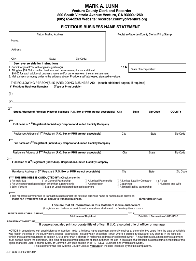 Fictitious Business Name Ventura County Form