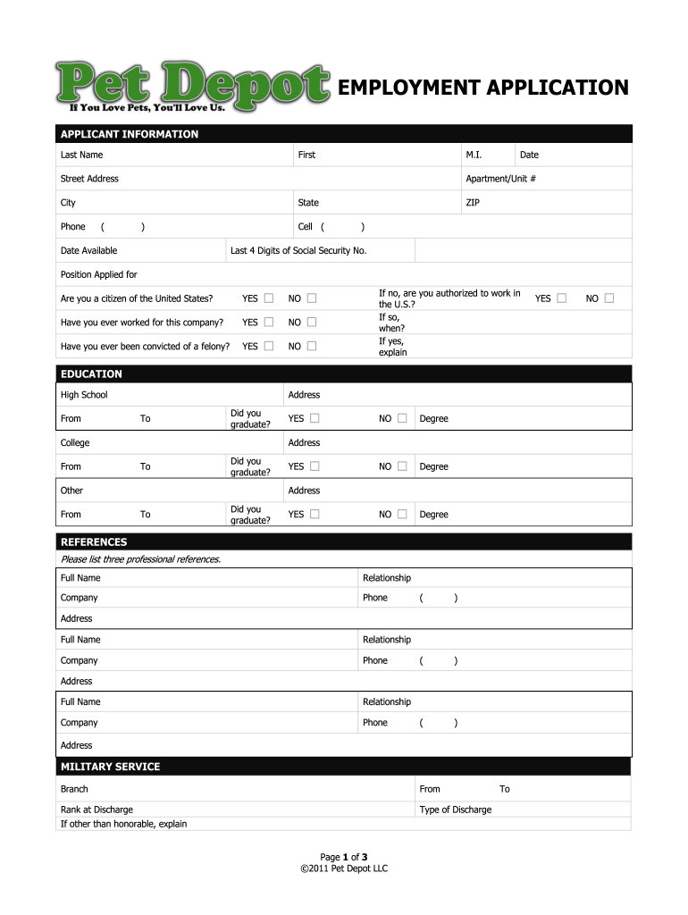 Pet Depot Application  Form