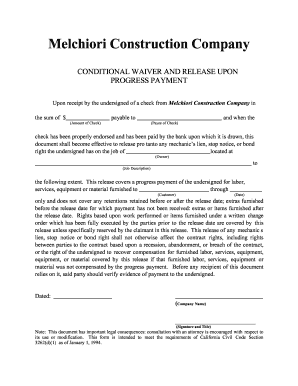 Progress Conditional Release Melchiori Construction Company  Form