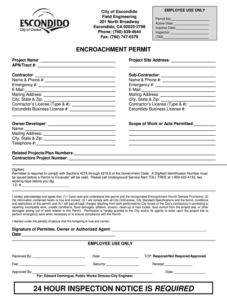 Encroachment Permit City of Escondido Escondido  Form