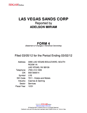 LAS VEGAS SANDS CORP FORM 4 Statement of Changes in Beneficial Ownership Filed 030512 for the Period Ending 030212