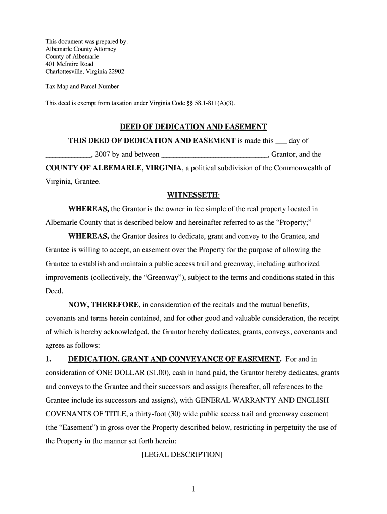 Greenway Dedication of Easement 02 02 07 PDF Albemarle County  Form