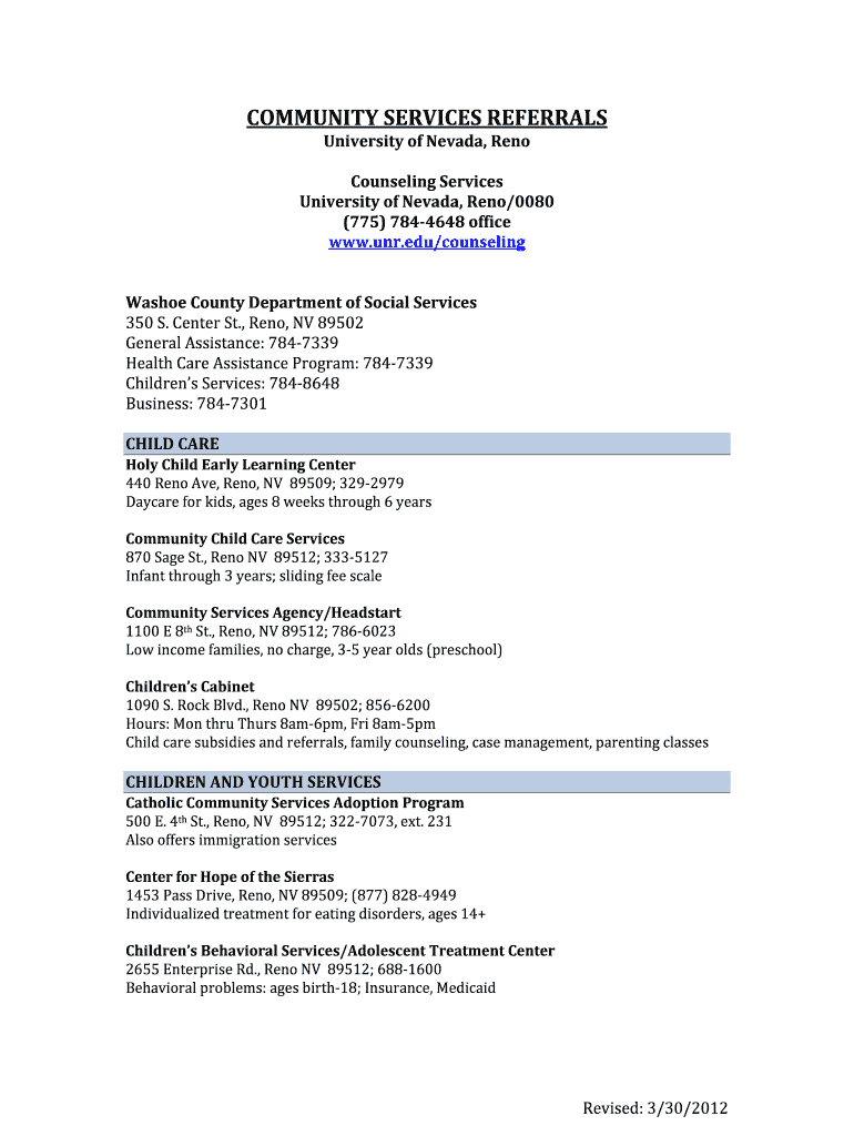 20011 Resource List UNR Counseling Servicesin Process of Being Updated DOC Unr  Form