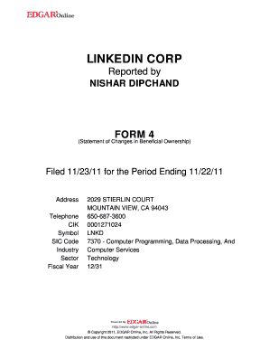 LINKEDIN CORP FORM 4 Statement of Changes in Beneficial Ownership Filed 112311 for the Period Ending 112211