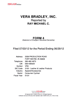 VERA BRADLEY, INC FORM 4 Statement of Changes in Beneficial Ownership Filed 070312 for the Period Ending 062912