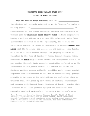 Sample Right of First Refusal Cranberry Isles Realty Trust Cirtrust  Form