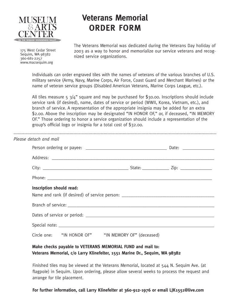 Veterans Memorial ORDER FORM