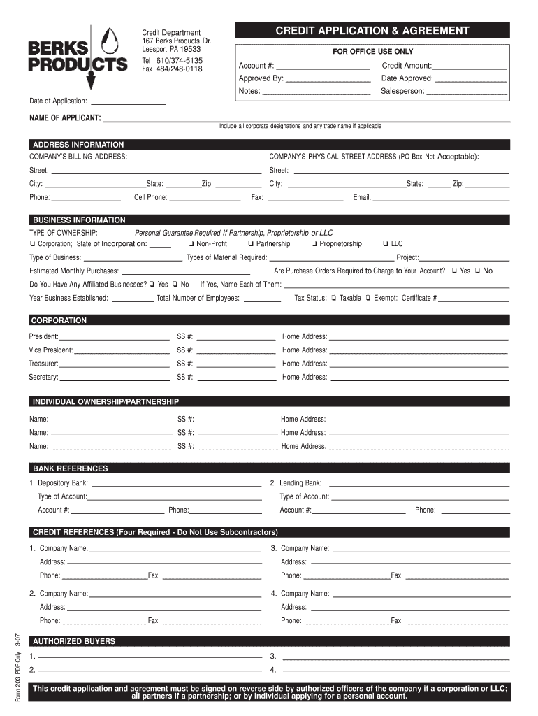 CREDIT APPLICATION &amp; AGREEMENT Berks Products  Form