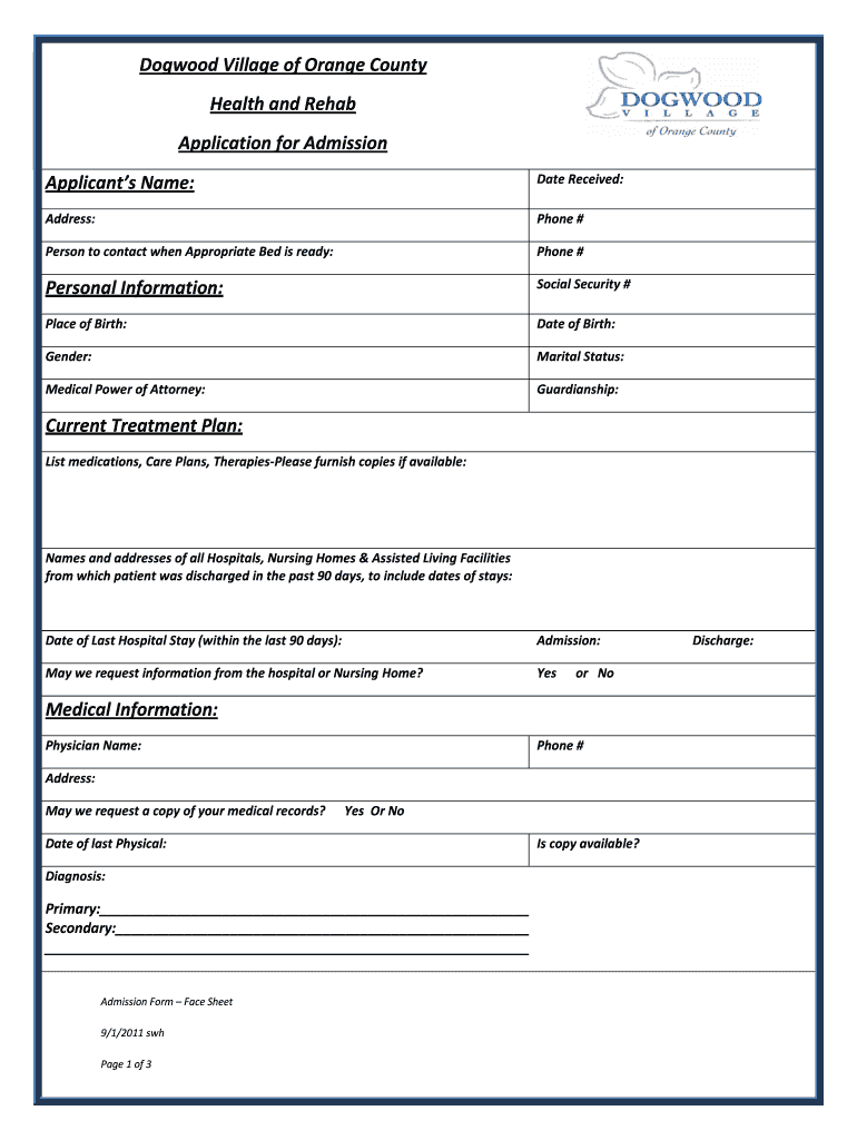 Dogwood Village of Orange County Health and Rehab Application  Form