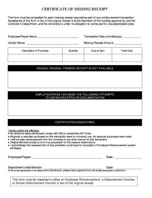 CERTIFICATE of MISSING RECEIPT  Form