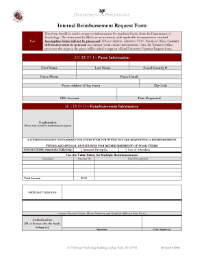 Internal Reimbursement Request Form Department of Psychology