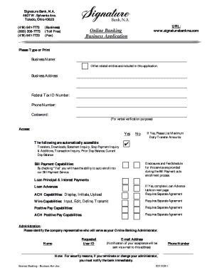 Online Banking Business Application Signature Bank  Form