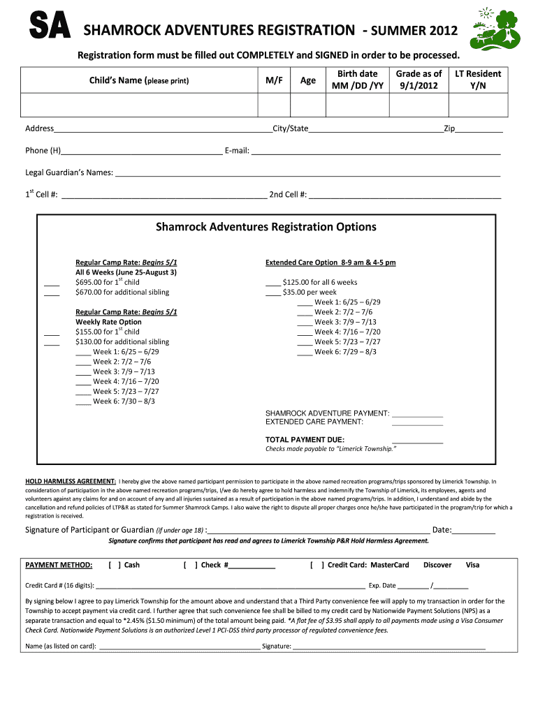 Shamrock Adventures Registration Summer Limerick Township  Form